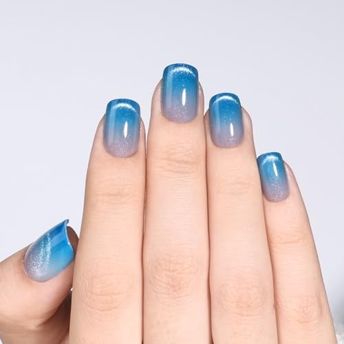 Blue Ombre Cat Eye Press On Nails – Short Square – Reusable – H4-Deep Sea Dusk