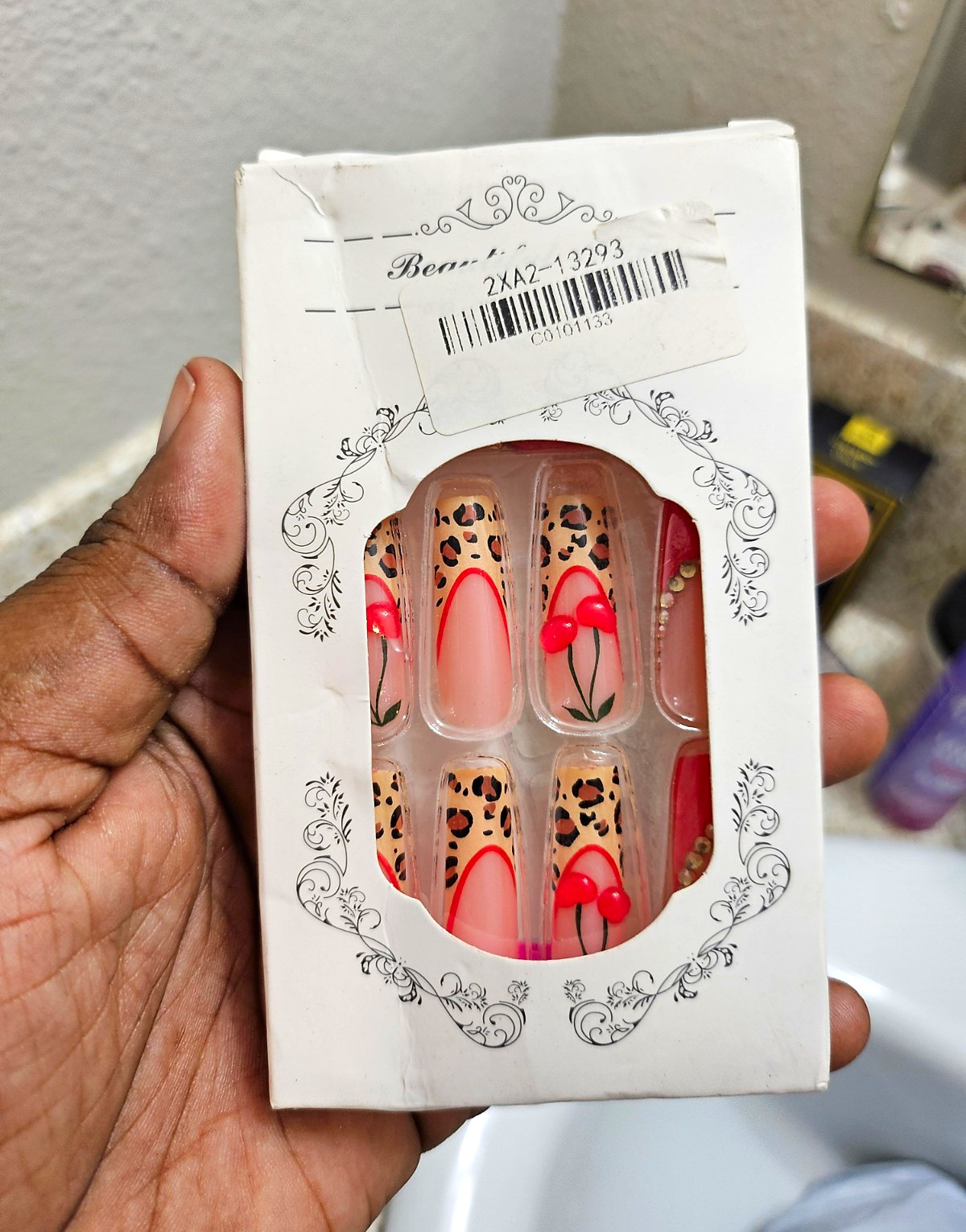 Long Coffin Press-On Nails Pink Red Beige Black Leopard 3D