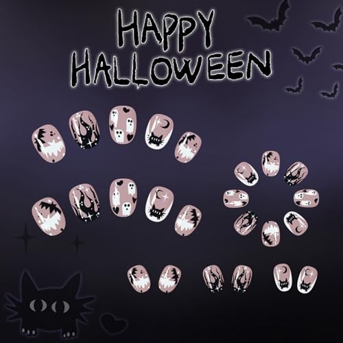 Halloween Press on Nails Short Oval Fake Nails White French Halloween Nails-8