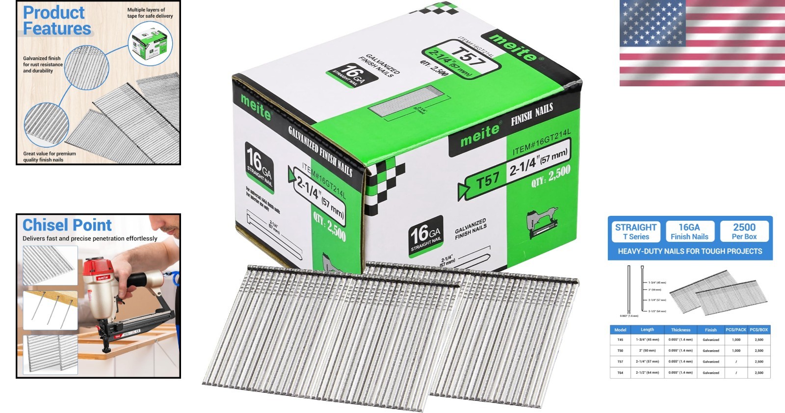 16GA Galvanized Finish Nails – 2-1/4 Inch, Smooth Shank, 2500 PCS, Clean Finish