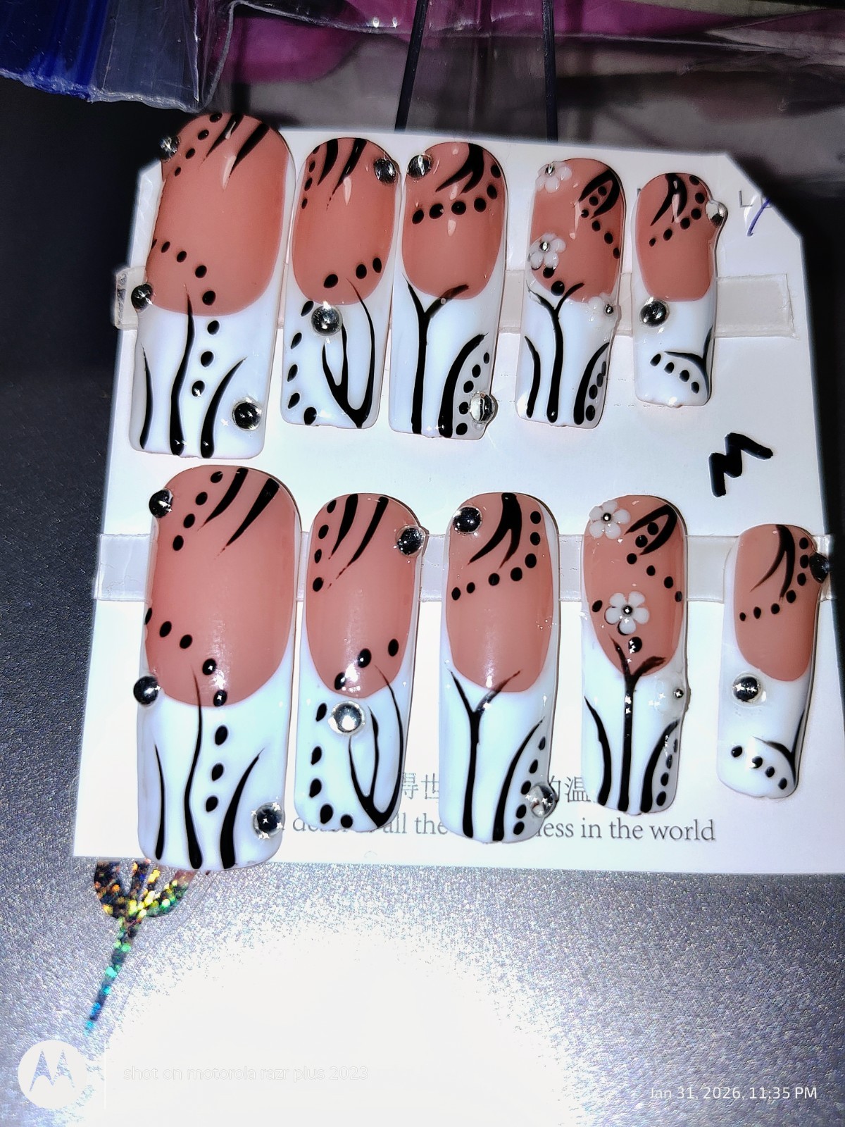 Medium Square Peach White Black 3D Floral Rhinestone Press-On Nails Full Cover