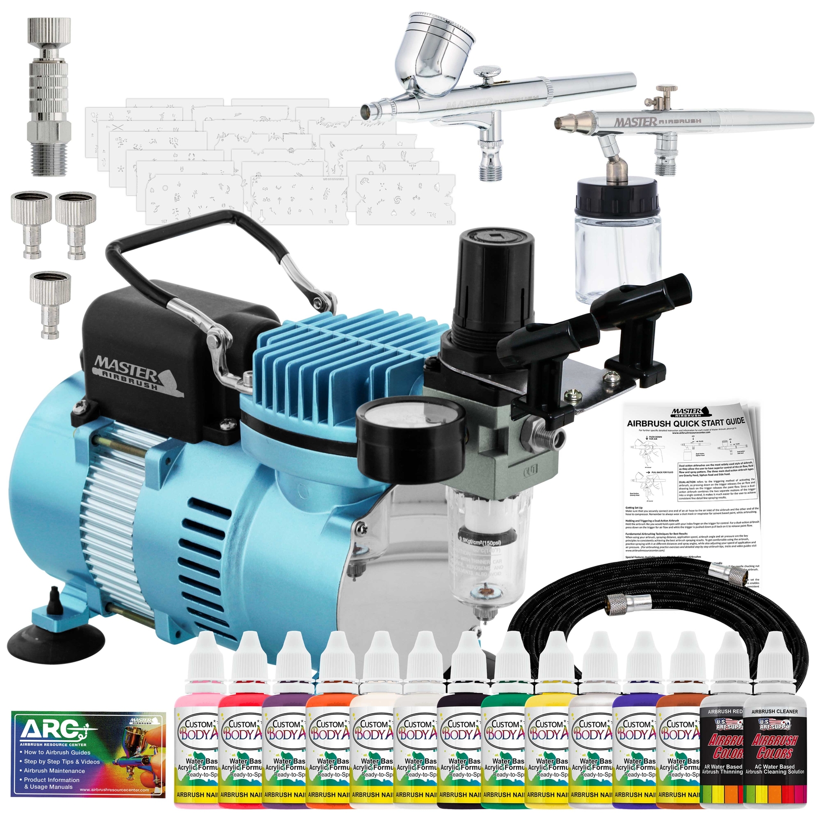 2 AIRBRUSH NAIL SYSTEM KIT w/ 6 Paint Color Set, Air Compressor Nail Art Stencil