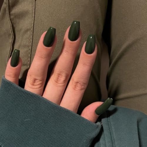 Olive Green Press on Nails Short Medium Coffin, Solid Color glossy dark green