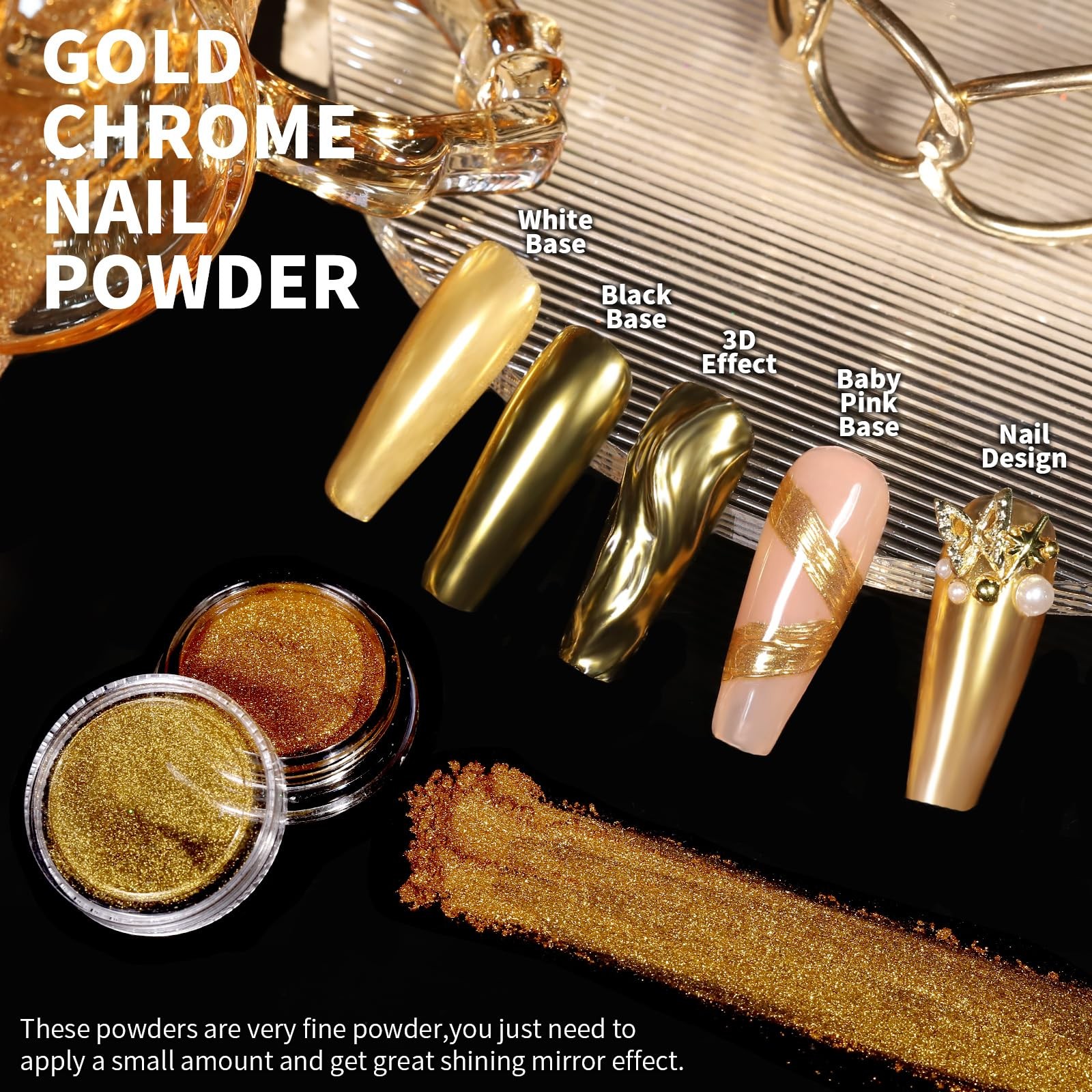 Teenitor Gold Chrome Nail Powder Kit with White Pearl/Gold/Holographic Silver