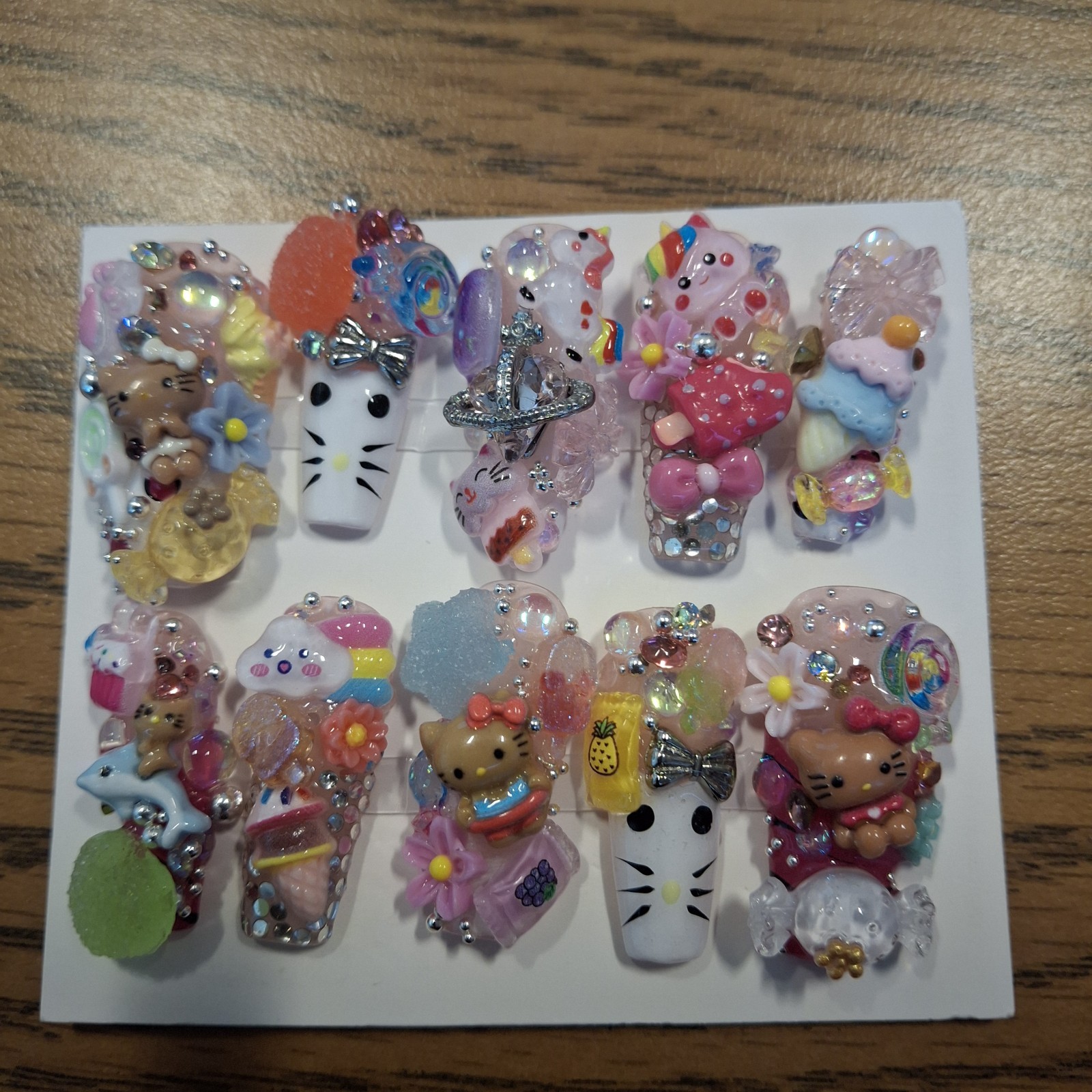 Hand Made, Special Occasion, “Hello Kitty Sweet Shop” Junk Nails. Sized Medium.