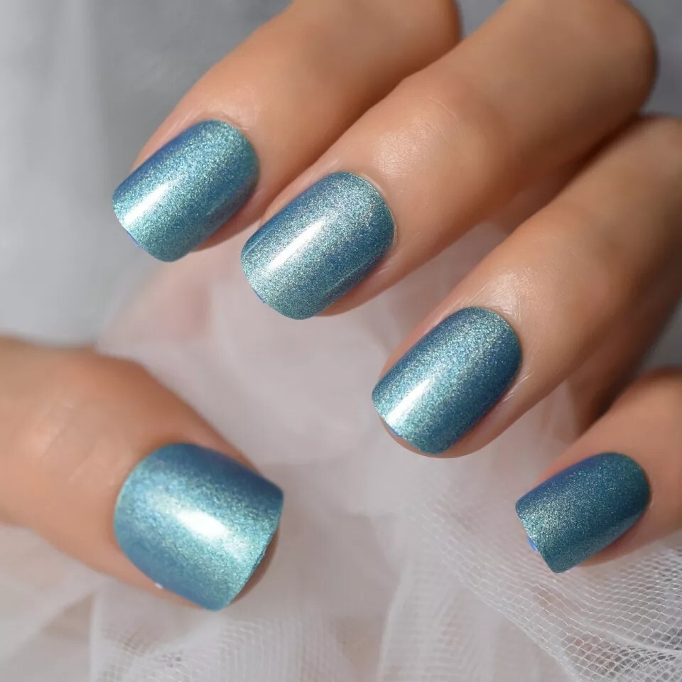 24 Shiny Blue mystic Press On Nails Short Glue On trendy glitter shimmer silver