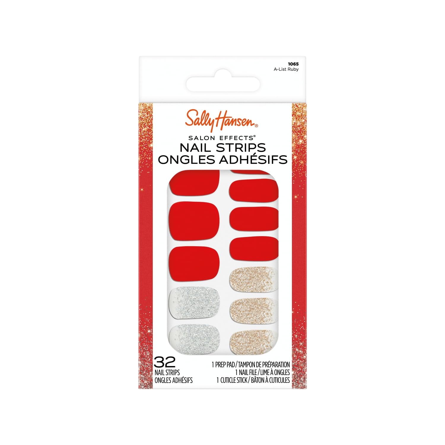 Sally Hansen Salon Effects Nail Strips | No UV Light Needed, A-List Ruby, 32pcs