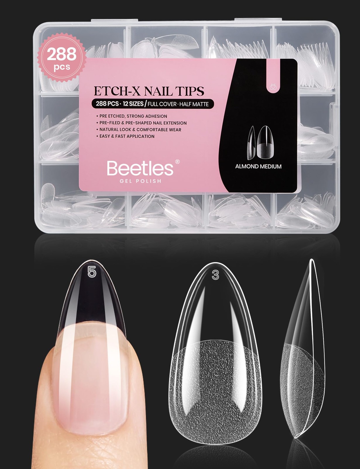 Gel Nail Tips Medium Almond Etch X Beetles288PCS Cover Press-On Nails, 12 Sizes