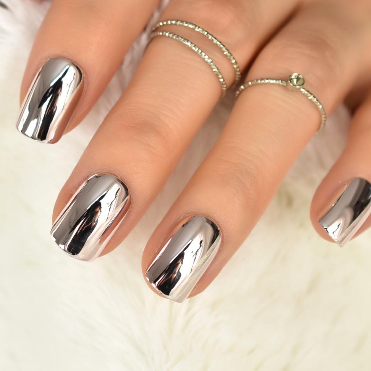 Mirror Soft Pink Metallic Press On Nails Short – Metal Punk Plated Acrylic Fa…