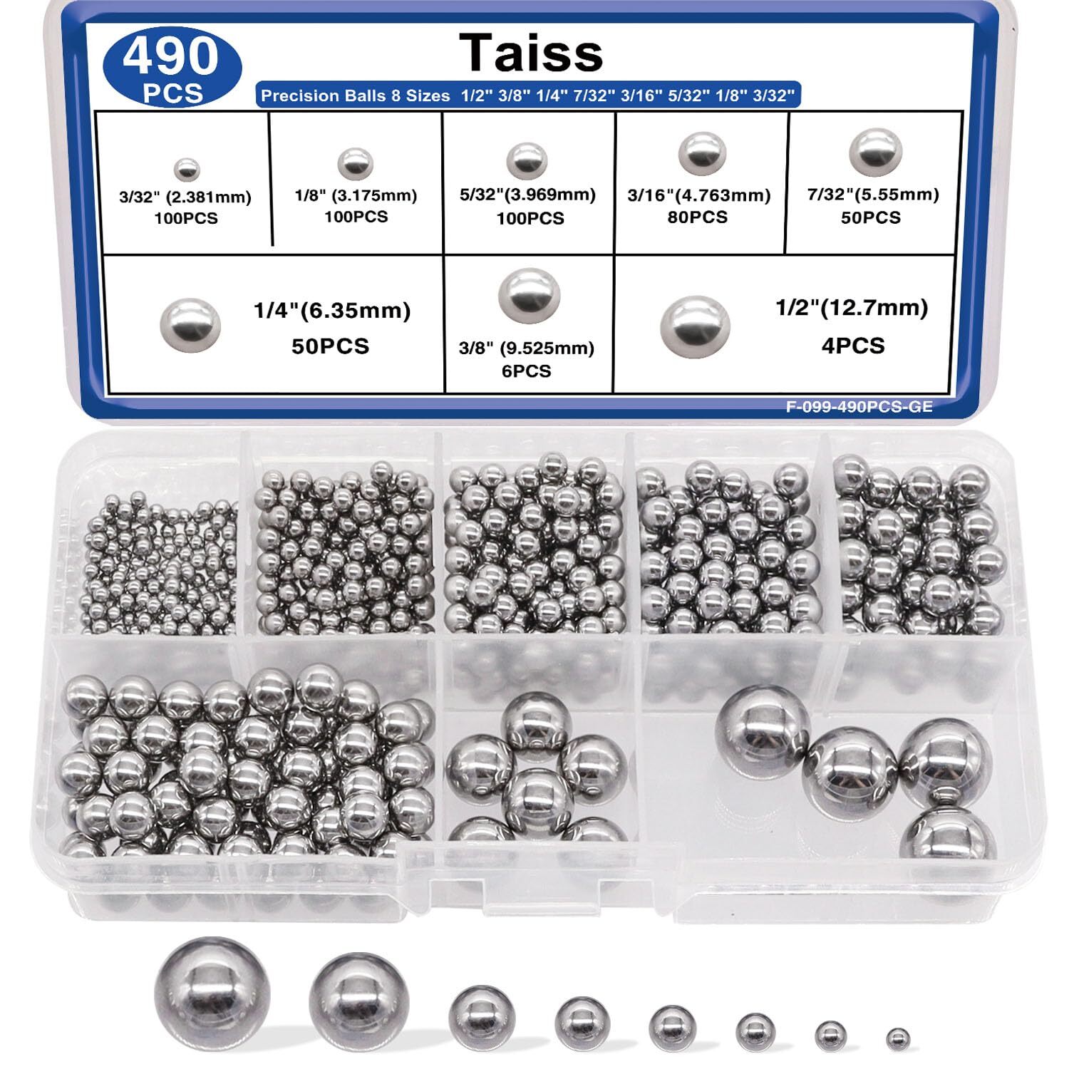 490PCS Precision Balls 8 Sizes 1/2″ 3/8″ 1/4″ 7/32″ 3/16″ 5/32″ 1/8″ 3/32″ Pr…