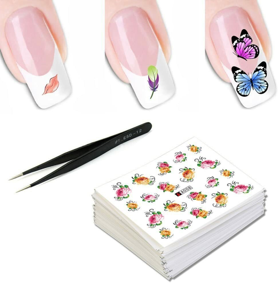 50 Sheets Nail Art Water Soak Decals & Tweezers, DIY Design Kit for Women Girls