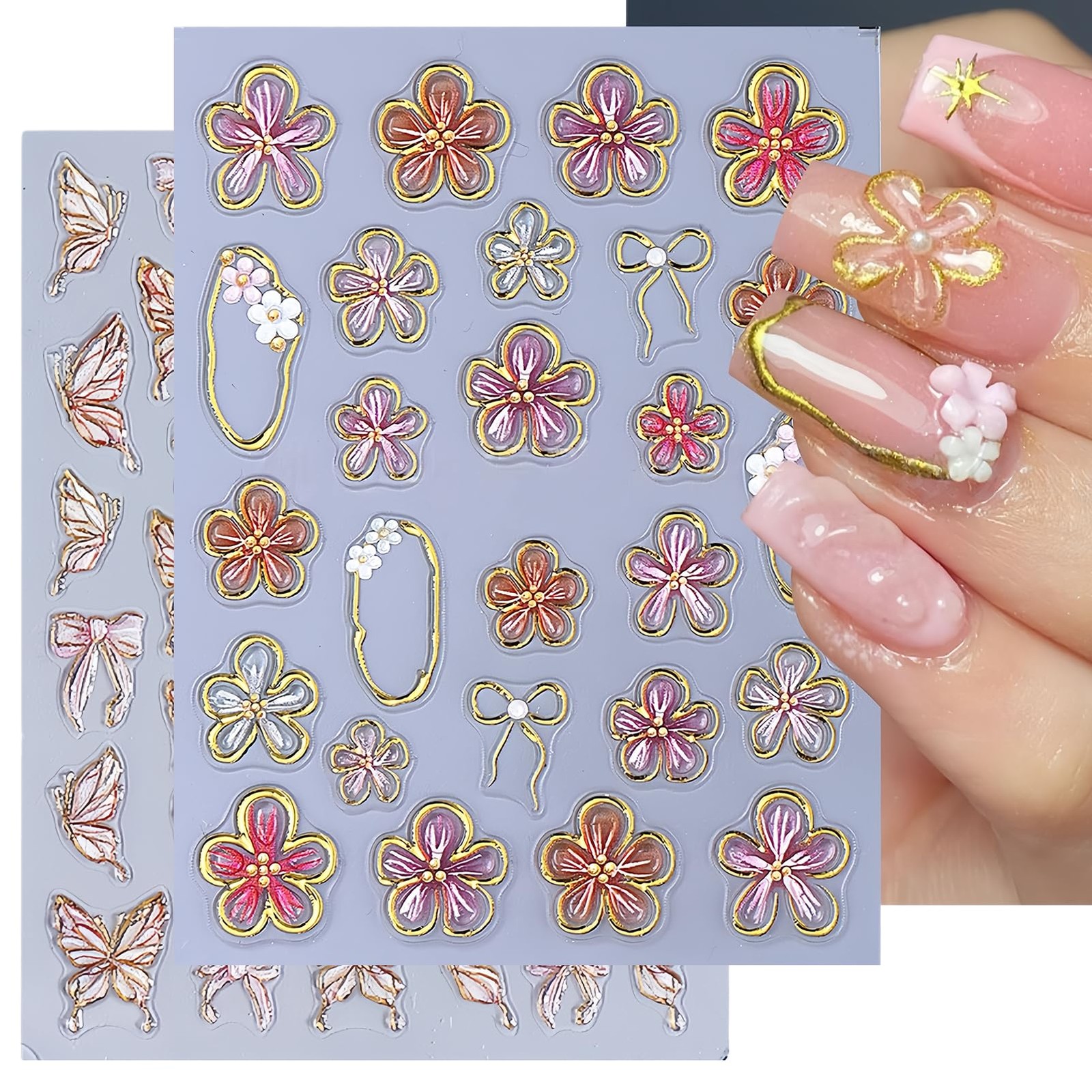 5D Nail Stickers Set for Women Girls, 2 Sheets 3D Flower & Butterfly Nail Art…