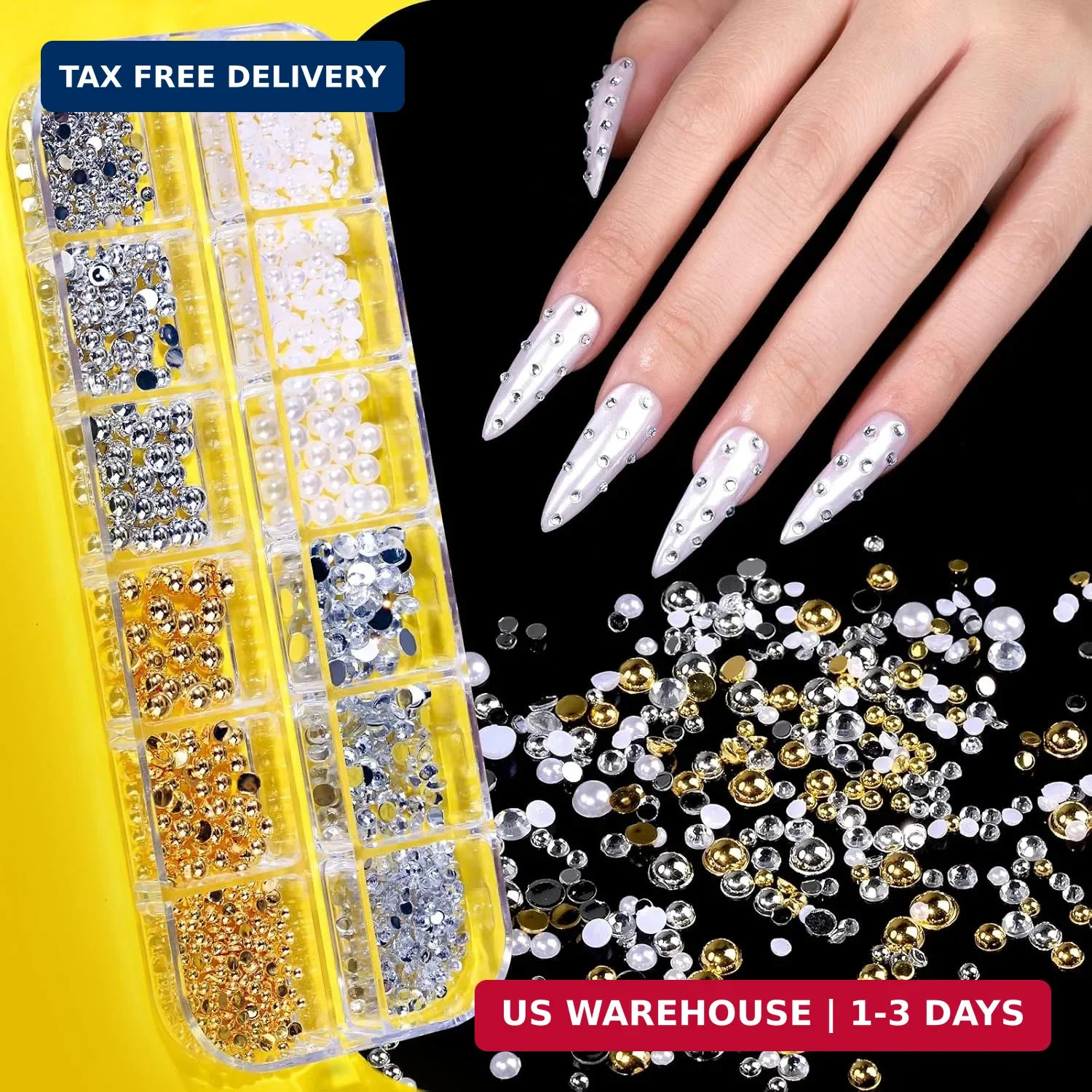 Gold Chrome Nail Powder Kit with Nail Charms and Gems, Pearl Nail Chrom