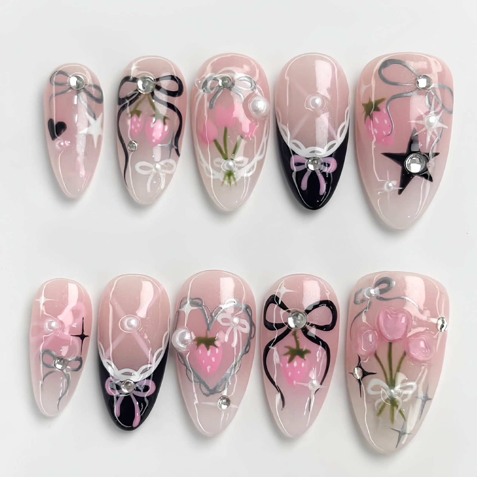 30Pcs Spring Summer Press on Nails Medium Almond Black French Tip Fake Nails …