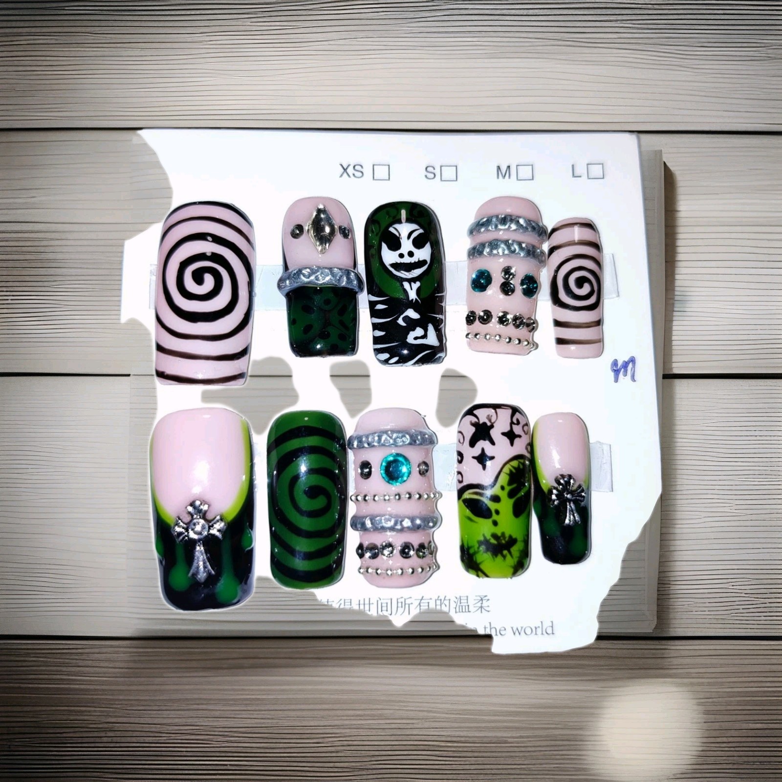 Green Pink Black Square 3D Alien Cross Swirl Shiny Press-On Nails Full Cover