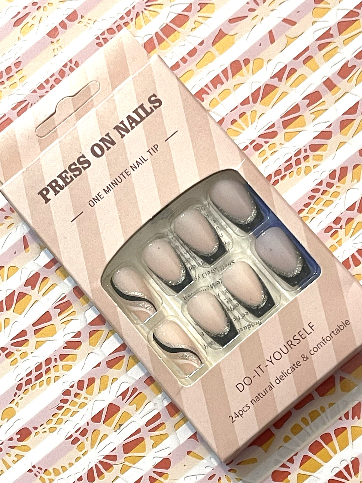 Press On Nails One Minute Nail Tip NUDE with BLACK FRENCH TIP Short Fake Nails