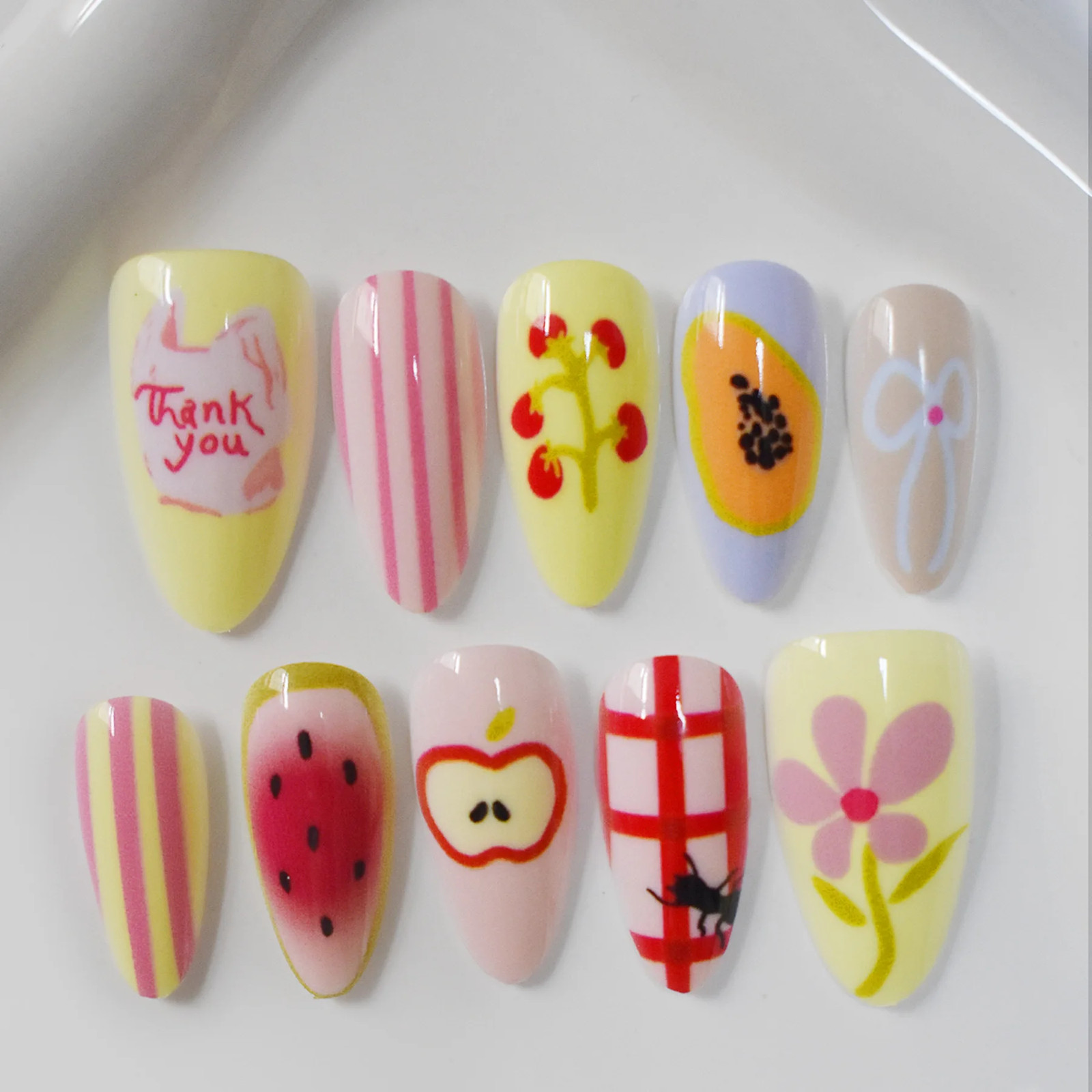 10pcs Cute Flower Fruit Pink Almond Press On False Nails