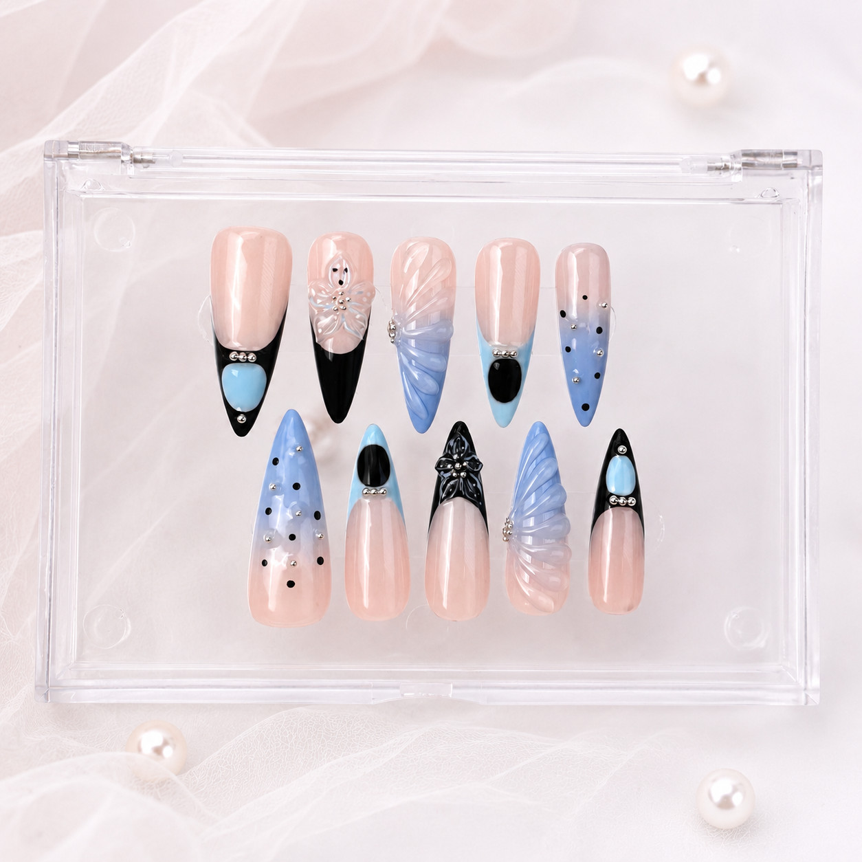 Long Stiletto Press On Nails Blue Black French Tip Butterfly Rhinestone Nail Set