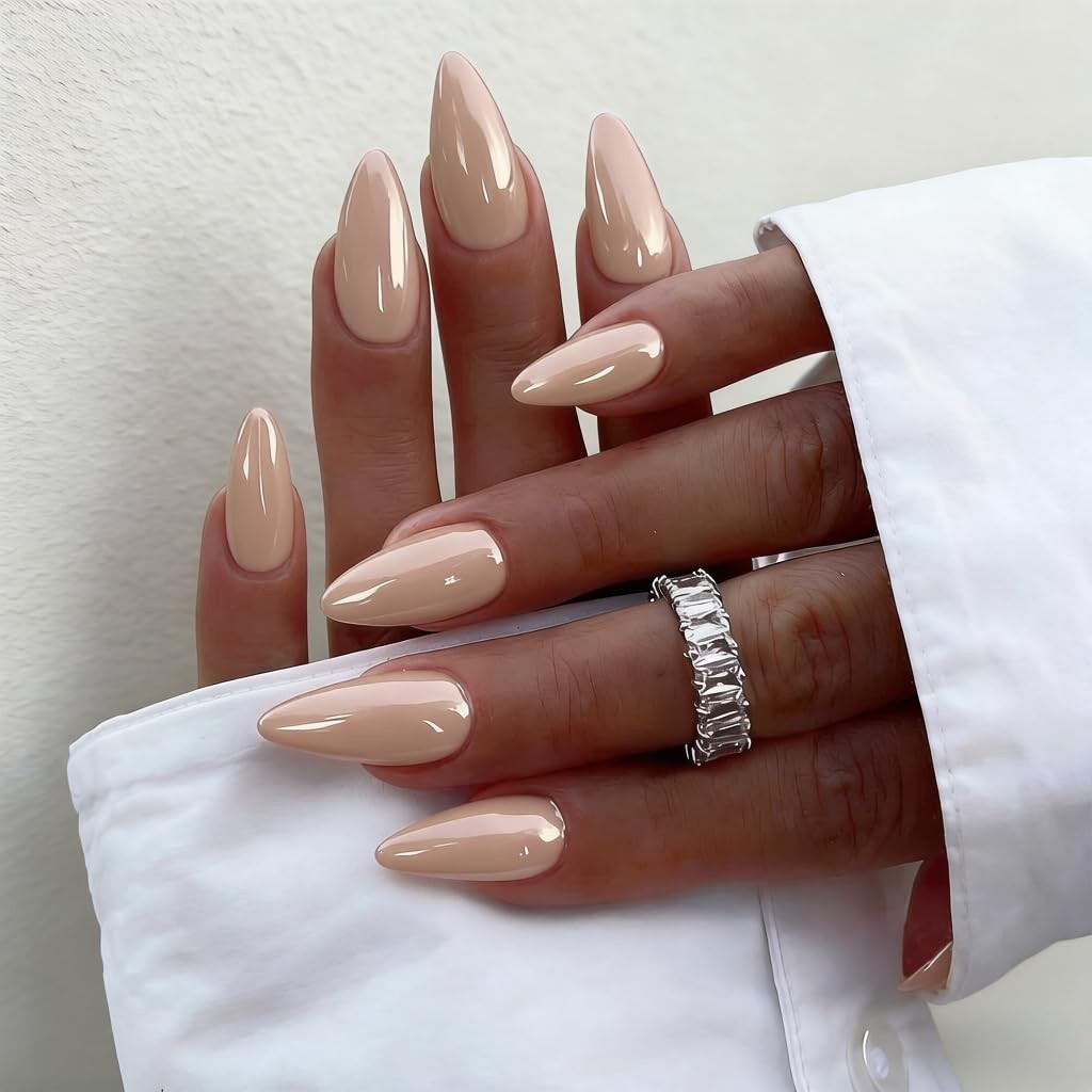 SXVME Chrome Press on Nails Almond, 0.04 Fl Oz (Pack of 24), pure nude