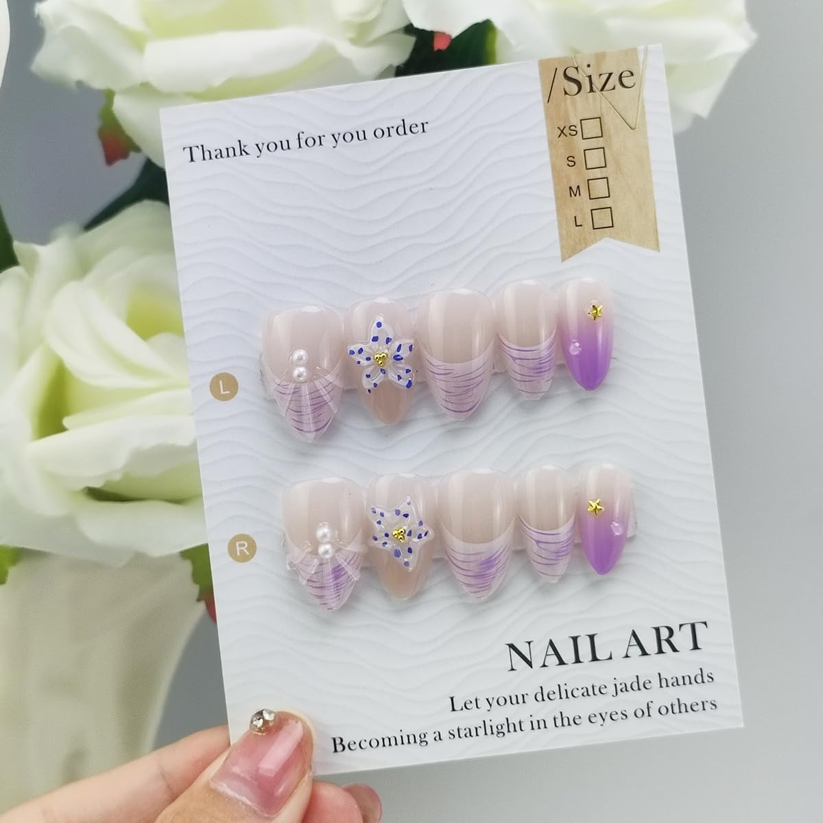 30Pcs Flower Press on Nails Short Almond French Tip Fake Nails Purple Gradient F