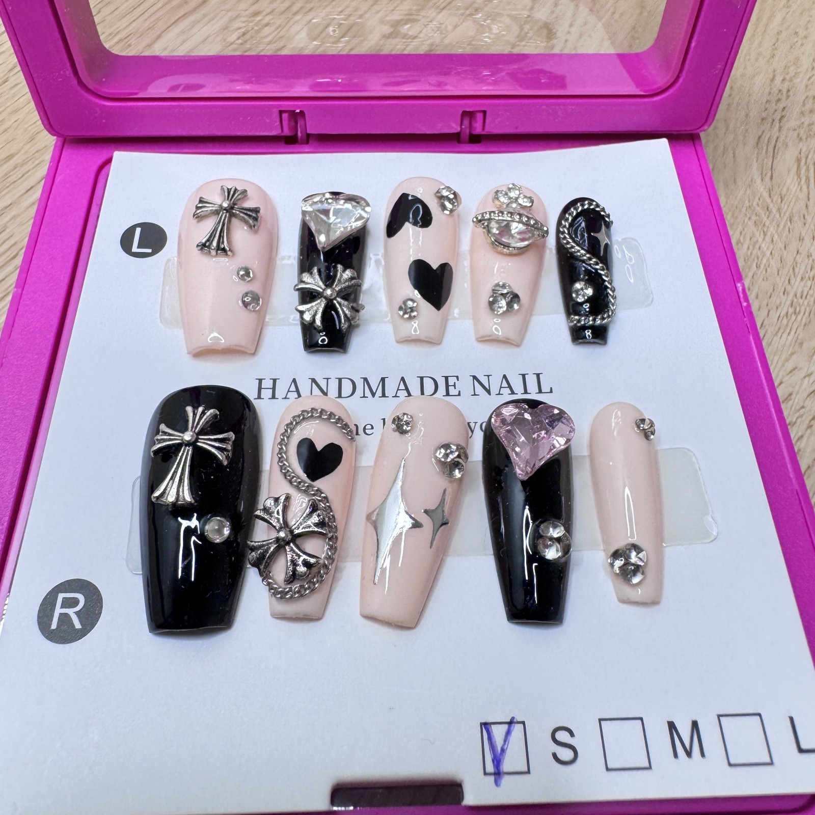 Handmade Hard Gel Press on Nail Art Kit Sz S Cross Charm Goth Heart Coffin