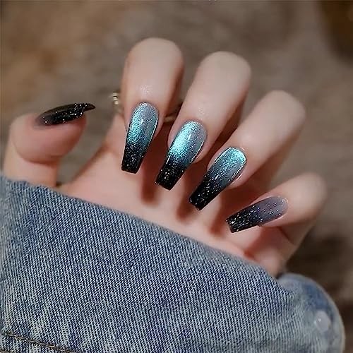 Glossy Press On Nails Long Coffin Blue Black Gradient Fake Nails for Cat style4