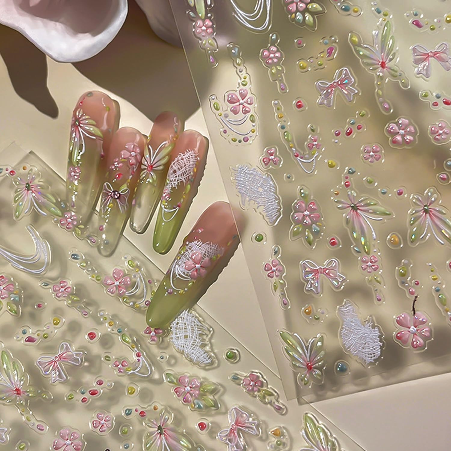 1Pcs Flower Nail Art Stickers Decals 5D Embossed Pink Flower Nail Decals Cute Sm