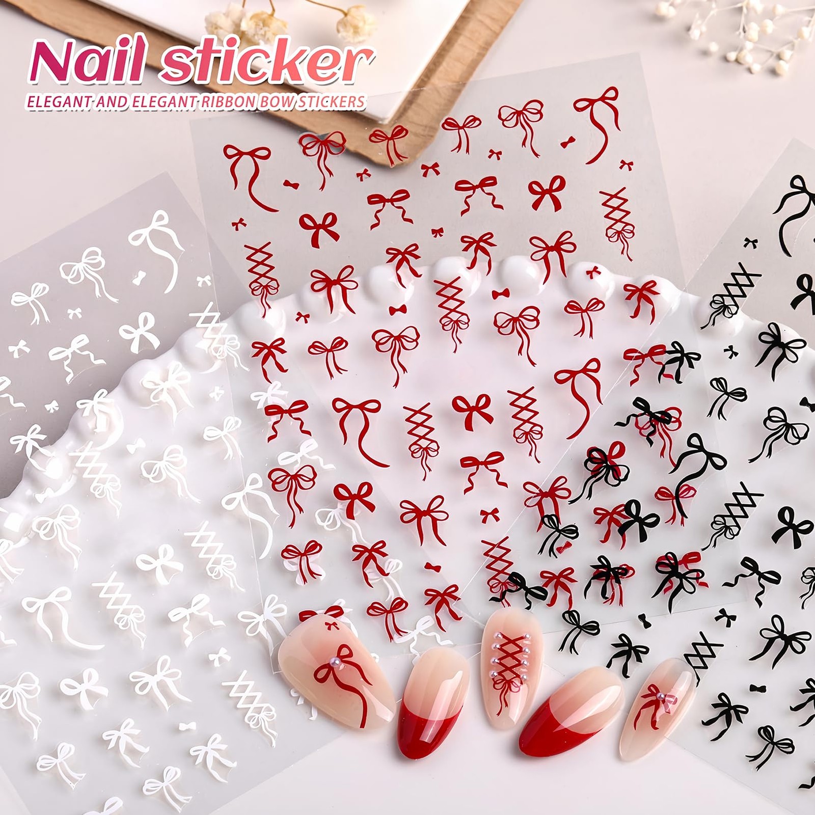 4Pcs Bow Nail Art Stickers Black White Red Gold Nail Decals Cute Ribbon Nail …