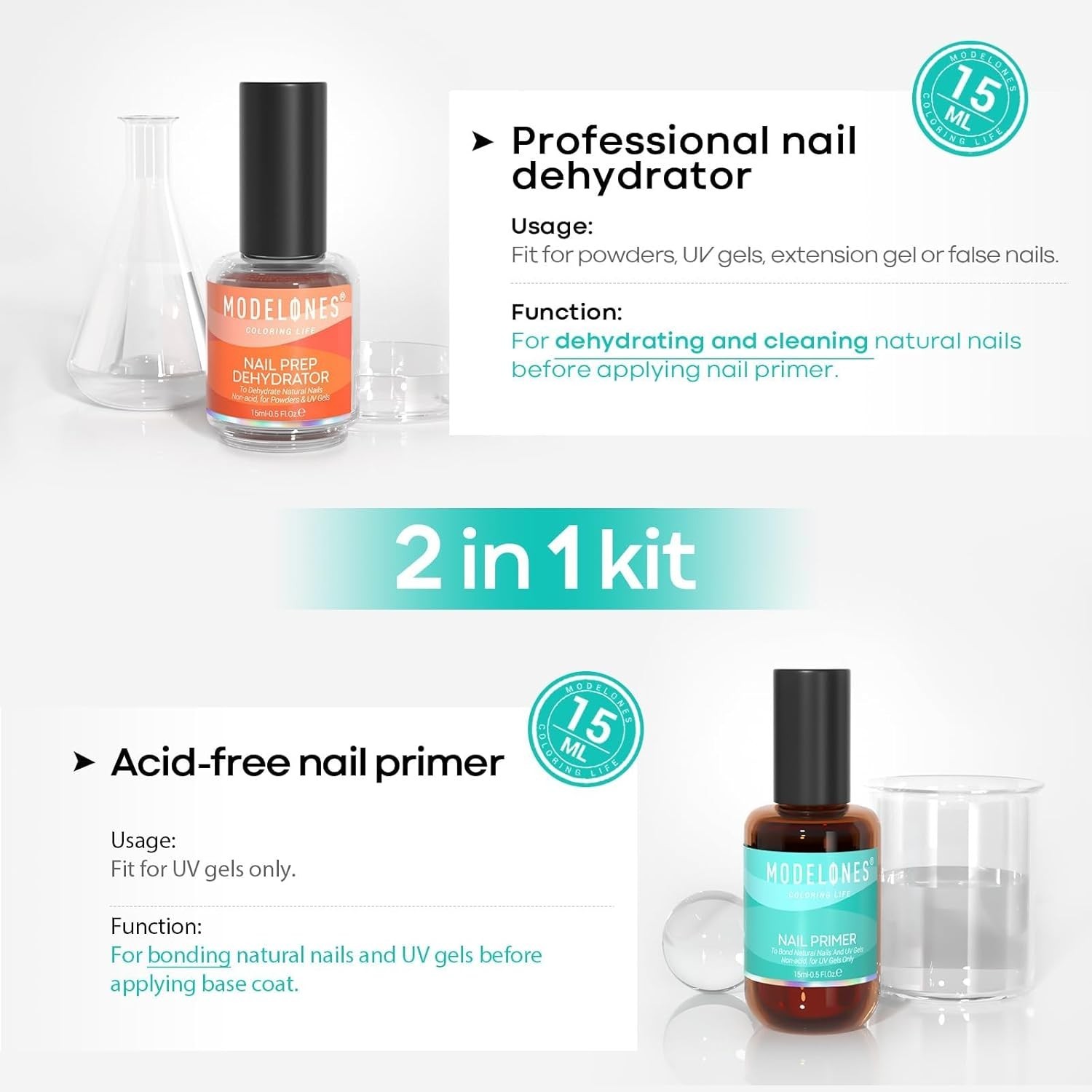 modelones 15 ml Nail Dehydrator and Primer Acid Free Base Coat Natural Prep D…