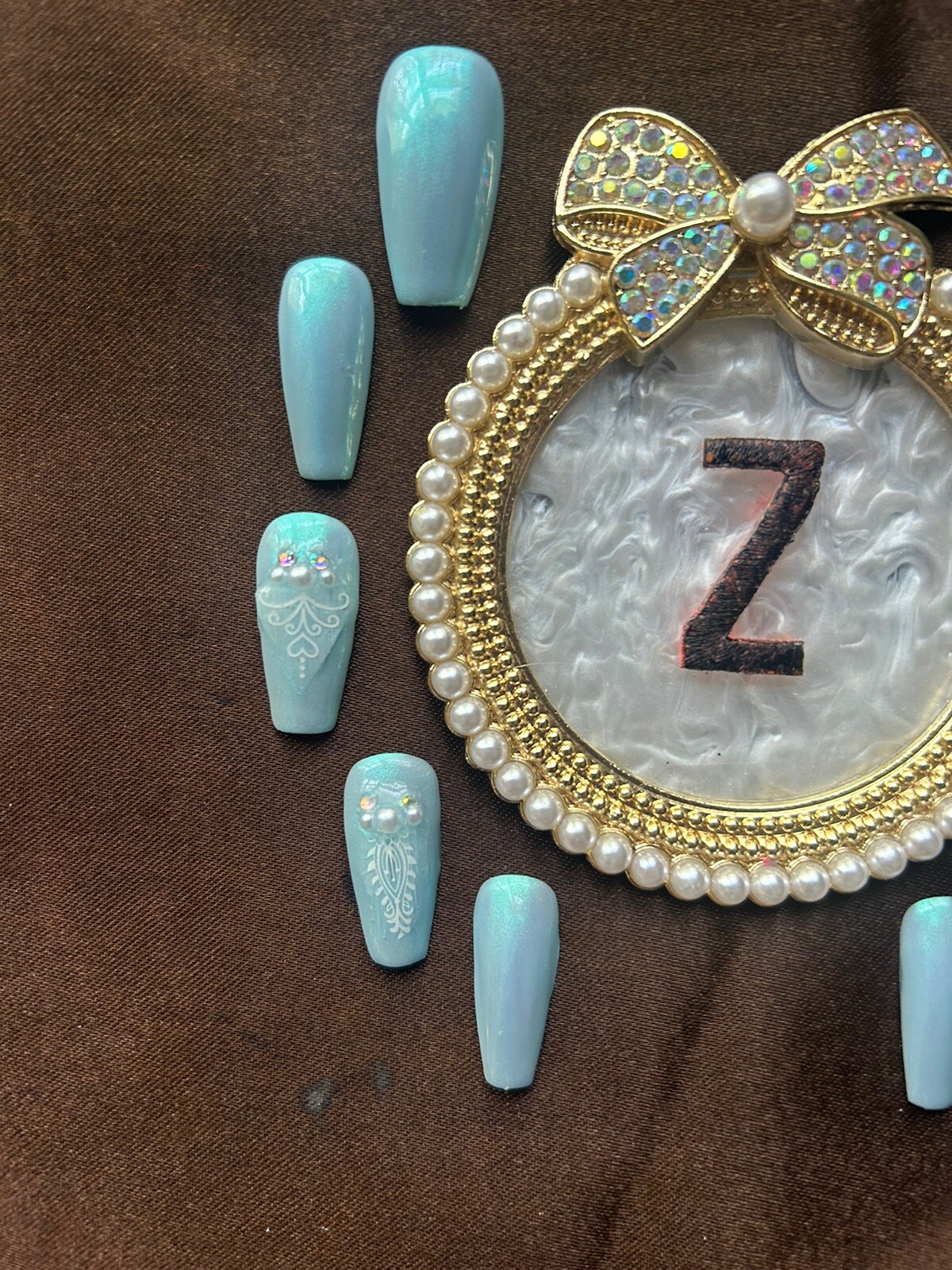 Z NAILZ! Dainty Blue Iridescent W/ Pearls & AB Stones, Decals Press On Nails.