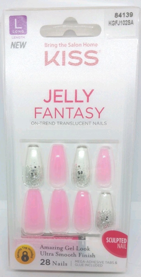Kiss jelly fantasy sculpted nails long length pink clear glitter tabs glue 28 na