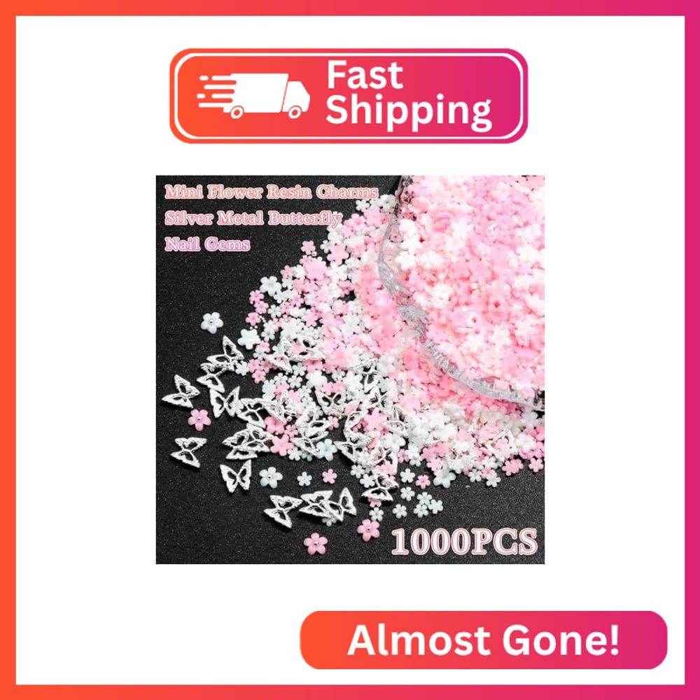 RODAKY 1000PCS Flower Nail Charms Silver Butterfly Nail Art Jewelry Pink 3D Flow