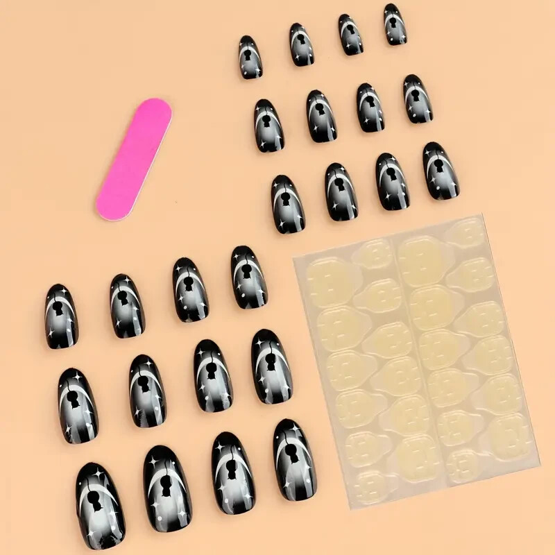 48 Pcs 2 Boxes Black Cat Moon Mystical Press On Nails Halloween Oval Almond NIB