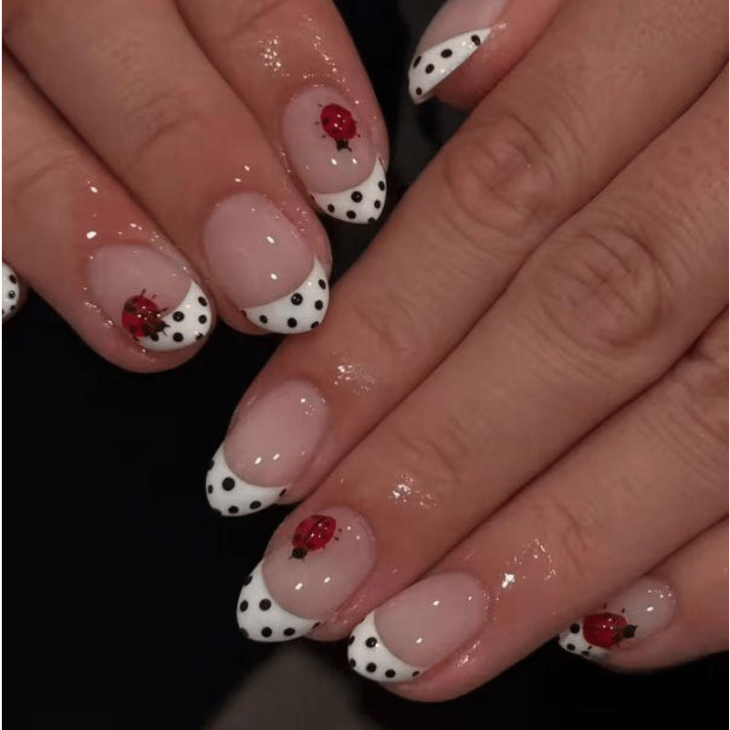 48pcs Almond Press on Nails, White French Dot Ladybug Hand Paint Cute Nails