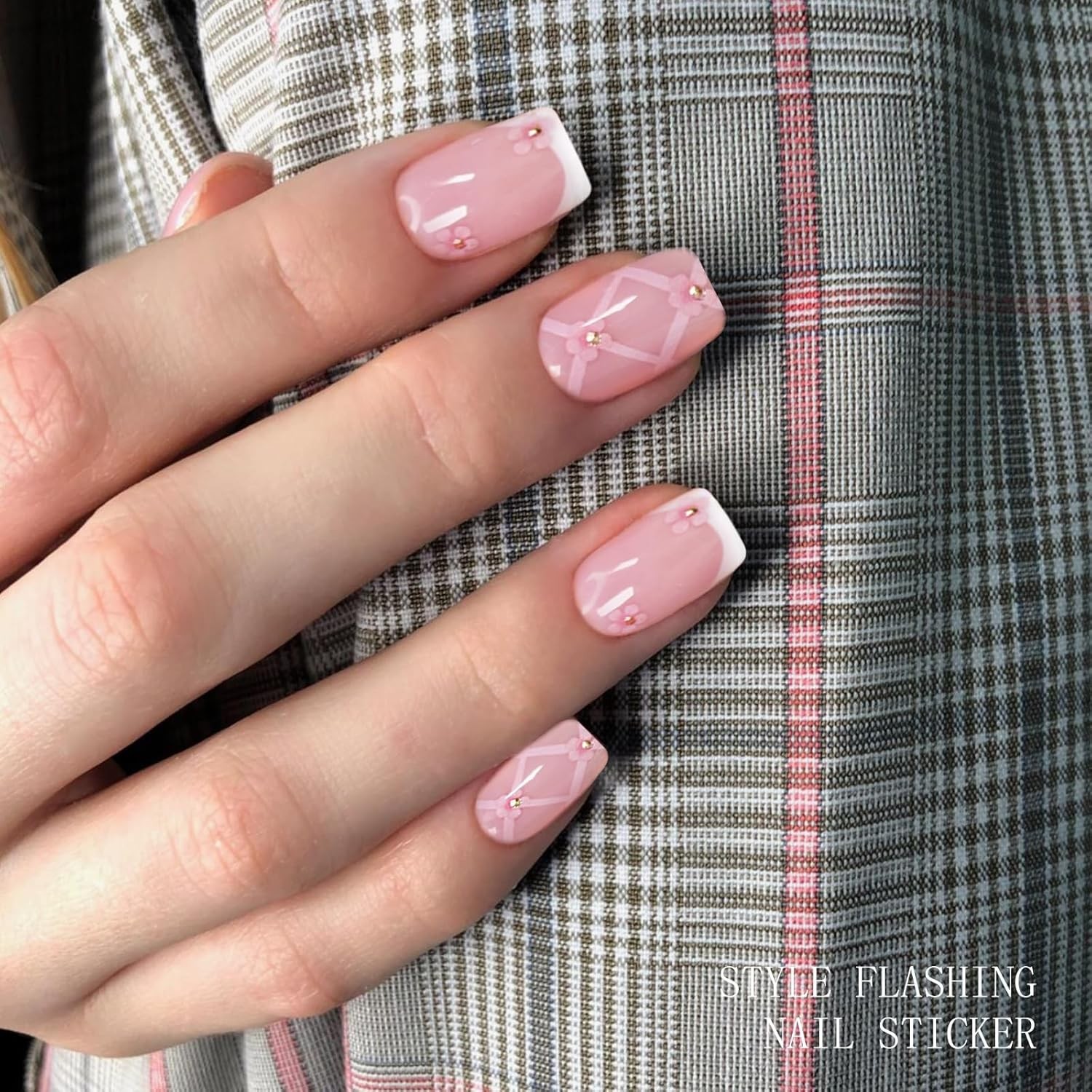 Semi Cured Gel Nail Strips French Tip White Pink Flower Design UV LED Nail Art