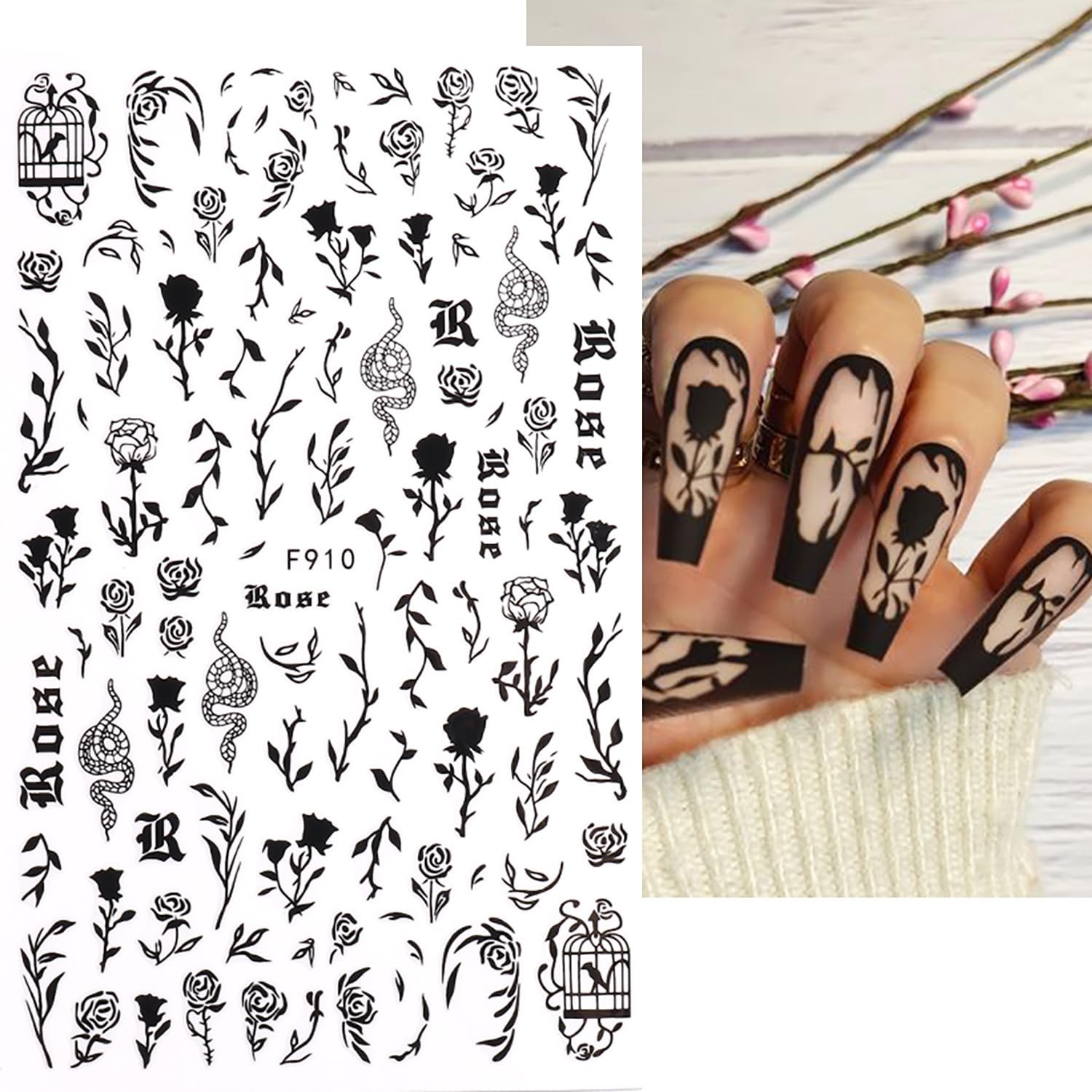 Black Rose 3D -Adhesive Nail Decals – Holographic Snake Sun Stars Eye Art Des…