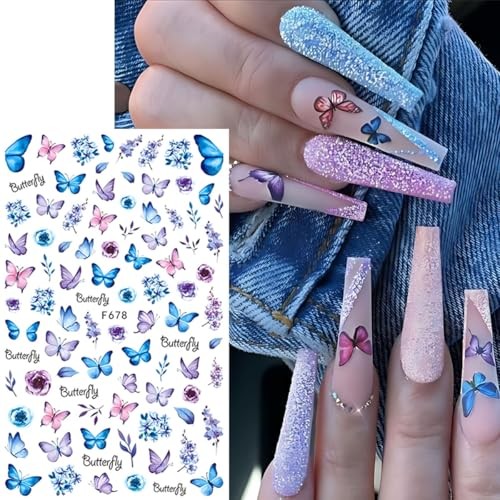 Butterfly Nail Art Stickers, Blue Purple Pink, 6 Sheets with Nail Tweezers,