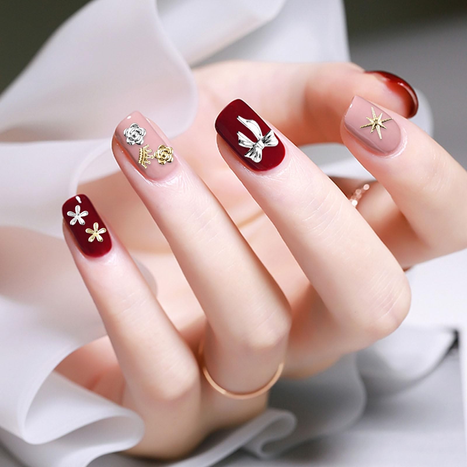 Gold Silver 3D Nail Charms 2 Boxes 24 Grids Bow Flower Star Gems Studs Punk