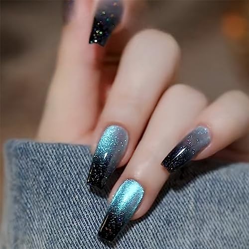 Glossy Press On Nails Long Coffin Blue Black Gradient Fake Nails for Cat style4