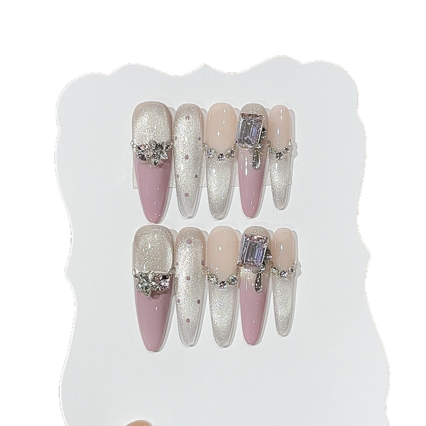10Pcs Handmade Purple French Cat Eye Oval Nails K9 Rhinestone Summer Party