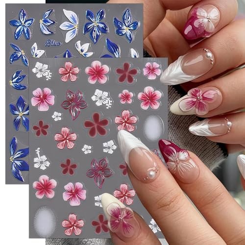 2 Sheets Flower Nail Stickers for Nail Art 5D Embossed Nail Decals blue flowers