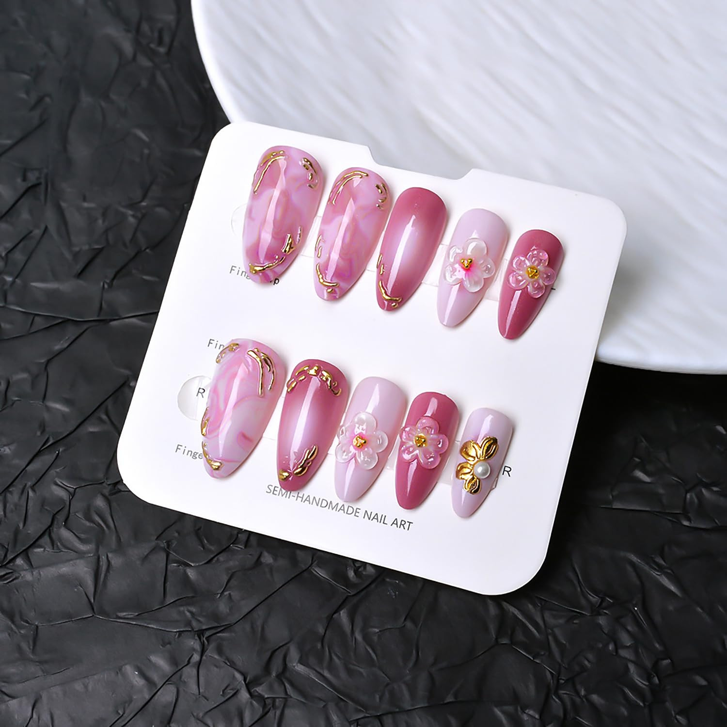24Pcs Pink Press on Nails Medium Almond Fake Nails with 3D Pink Gold Floral Line