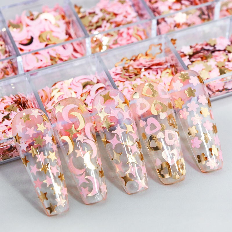 Pink & Gold Moon Star Love Mixed Shape Nail Art Glitter Sequins for Flakes Nails
