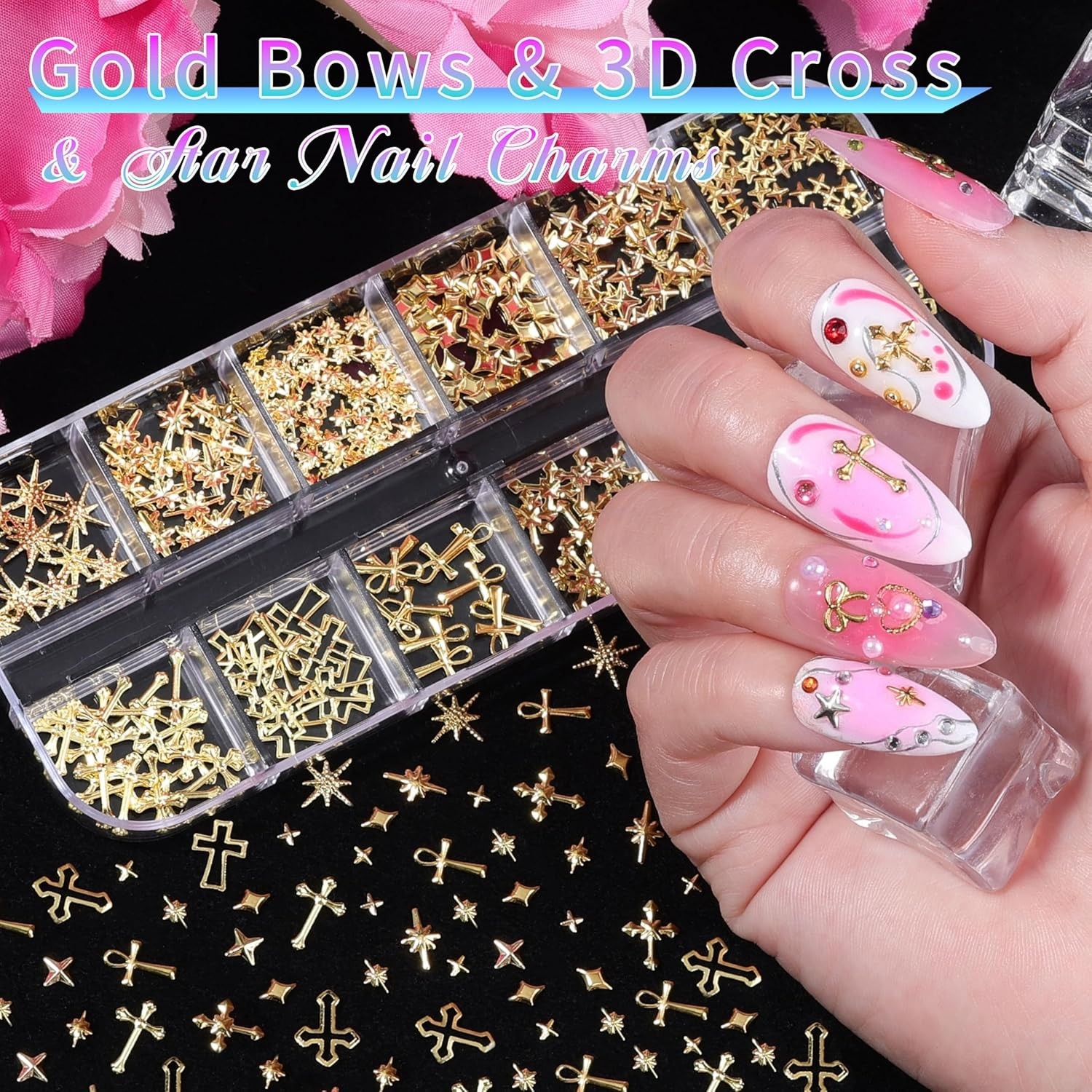 Compatibility Nail Art Charms Kit 5 Boxes Gold Silver Metal 3D Studs Stickers…