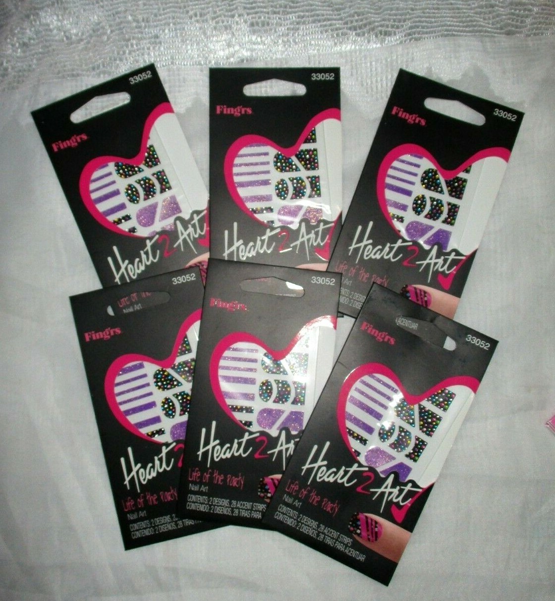 LOT 6 NAIL ART 33052 FING’RS HEART 2 ART LIFE OF THE PARTY 28 STRIPS 2 DESIGNS