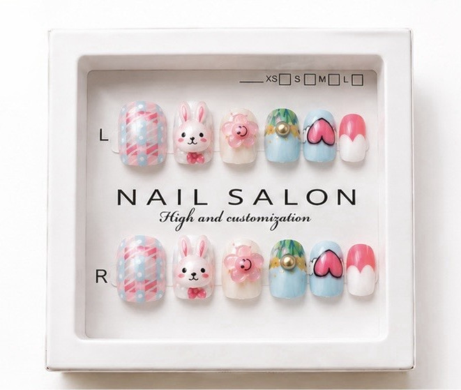Kids 3D Bunny Press On Nails 12PCS with Adhesive Tabs Cute Fake Nails for Girls