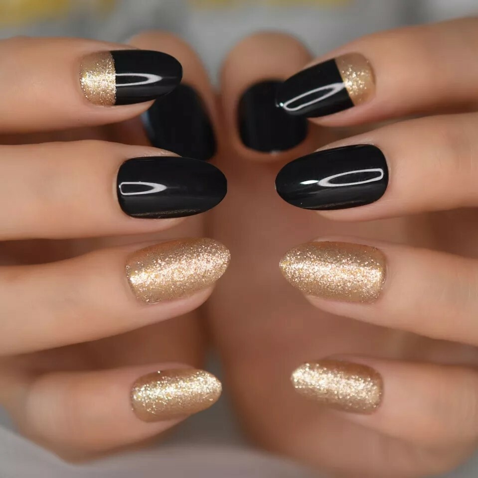 24 Black gold glitter Press On Nails w/ Glue oval medium short almond tip