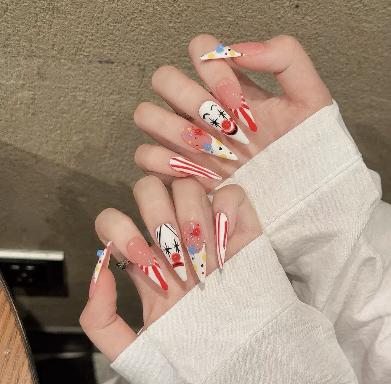 Reusable Set of Multicolor Clown Theme Long Stiletto Press-On Nails Full Cover