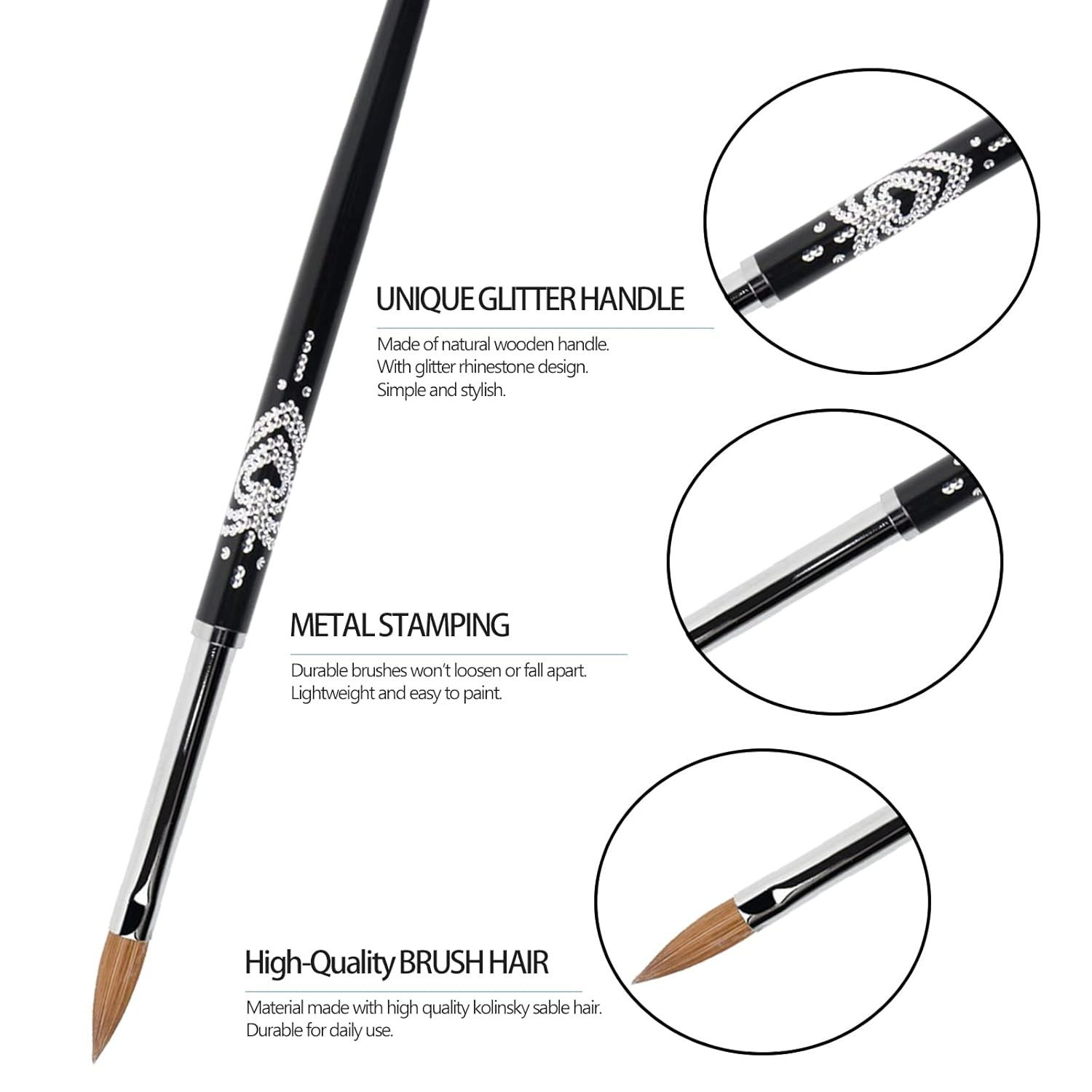 Kolinsky Acrylic Nail Art Brush #4, Wooden Handle,Pro 3D Nail Brush w/Rhinestone