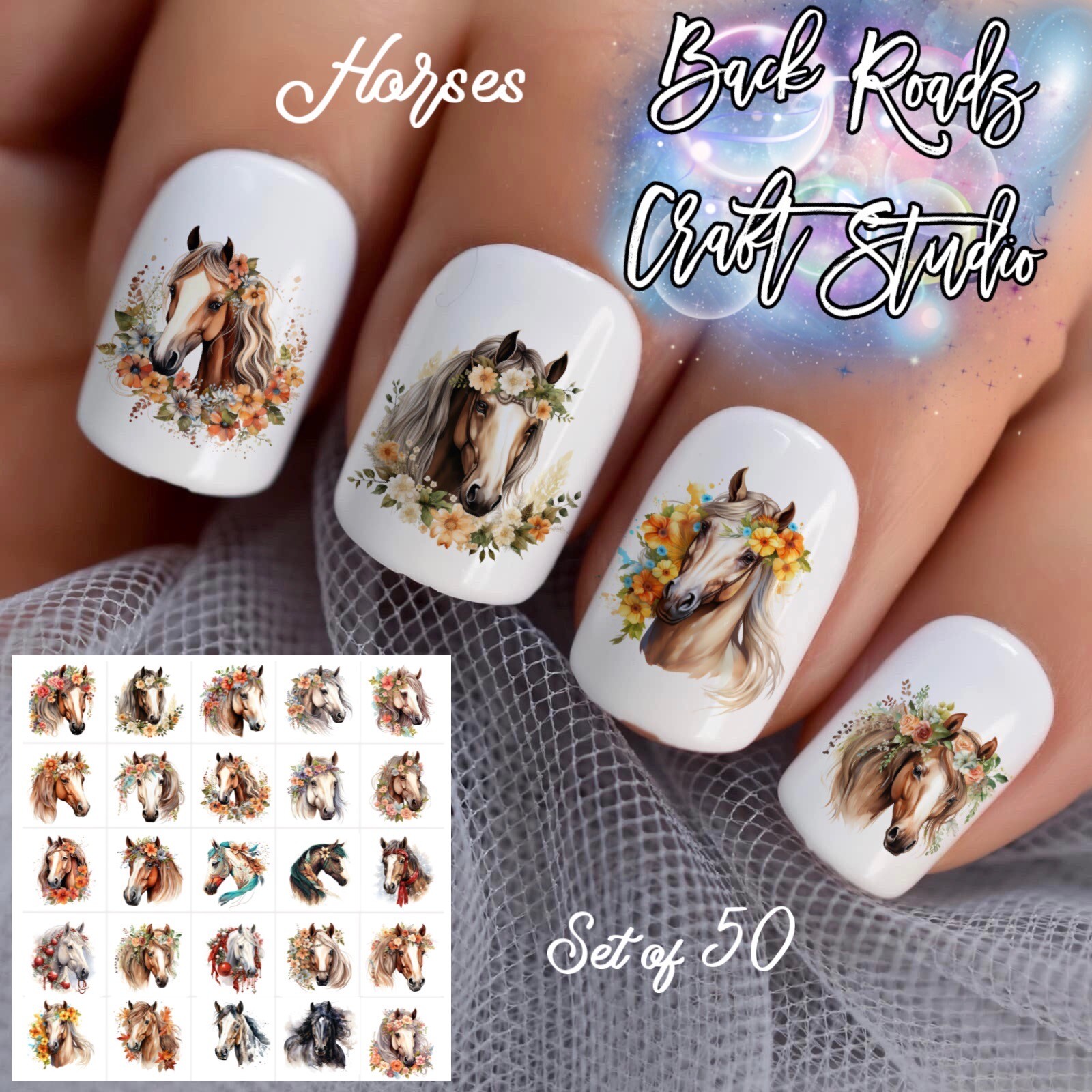 Horses And Flowers Waterslide Nail Decals Set Of 50 Instructions & Bonus